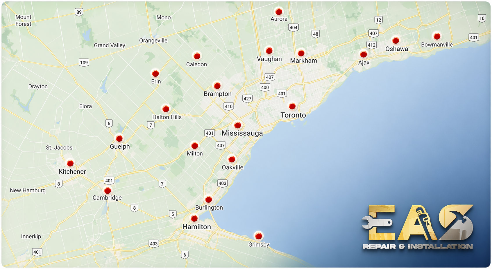 EAS Repair and Installation service area map covering Toronto, Newmarket, and the GTA